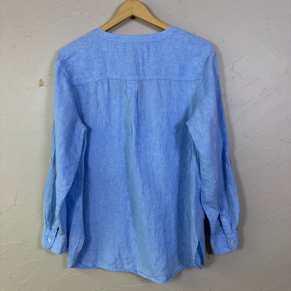 Talbots Linen Henley Blouse Womens 1X Blue Long Sleeve Roll Tab Coastal Preppy - Picture 2 of 9